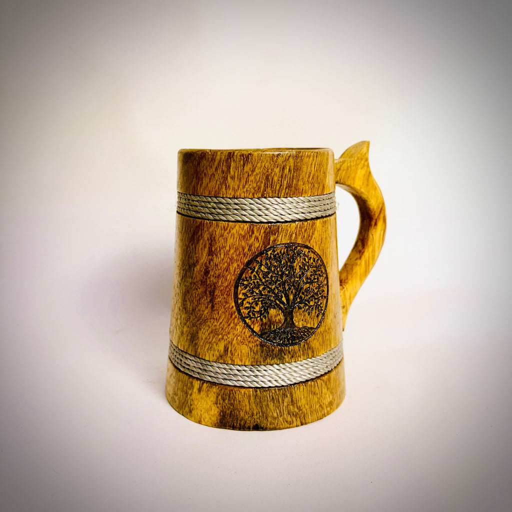 Nature's Sip Mug: Artisan-Carved Oak Wood Tankard with Tree of Life