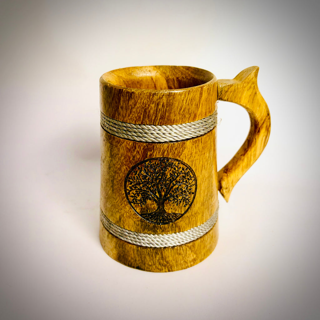 Nature's Sip Mug: Artisan-Carved Oak Wood Tankard with Tree of Life