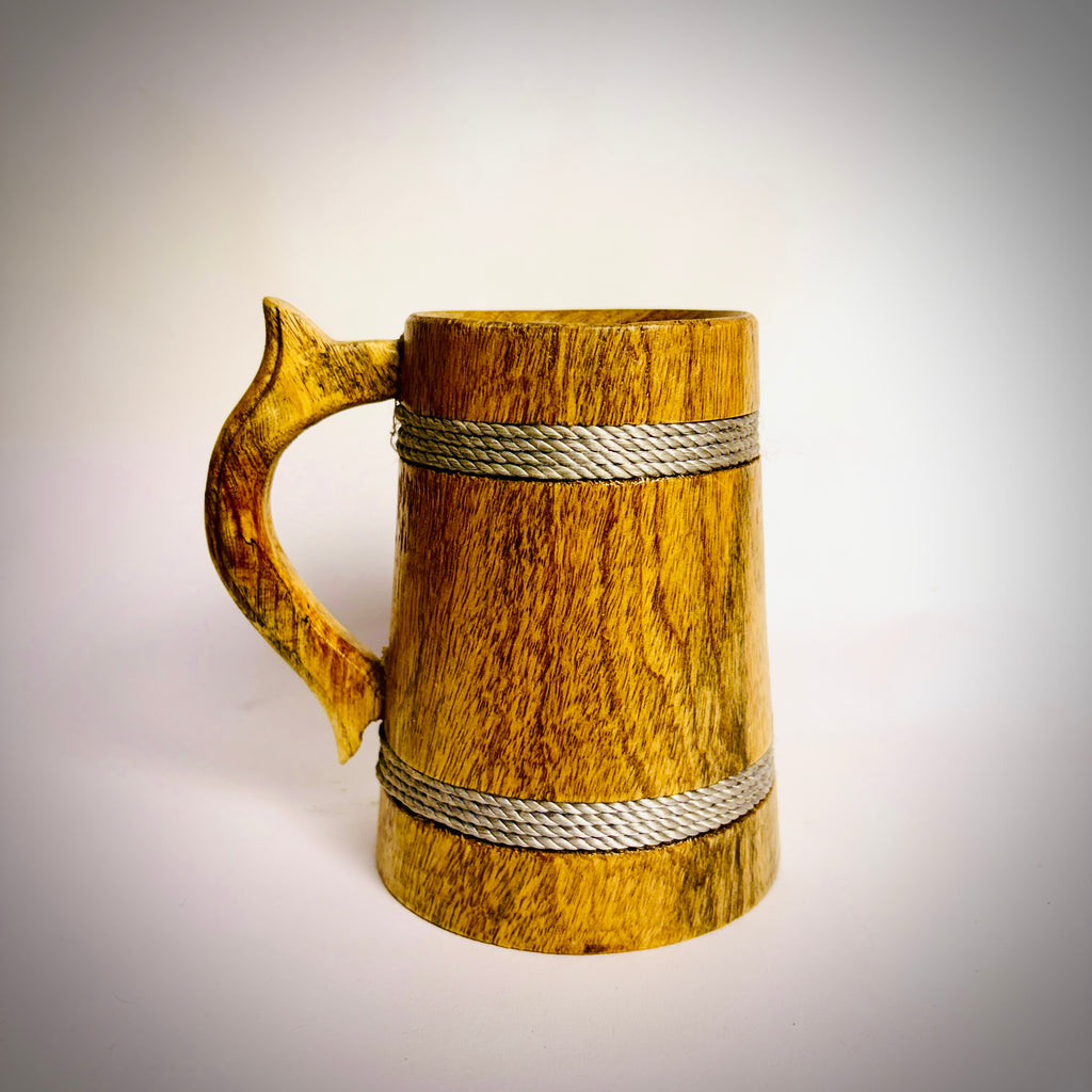 Nature's Sip Mug: Artisan-Carved Oak Wood Tankard with Tree of Life