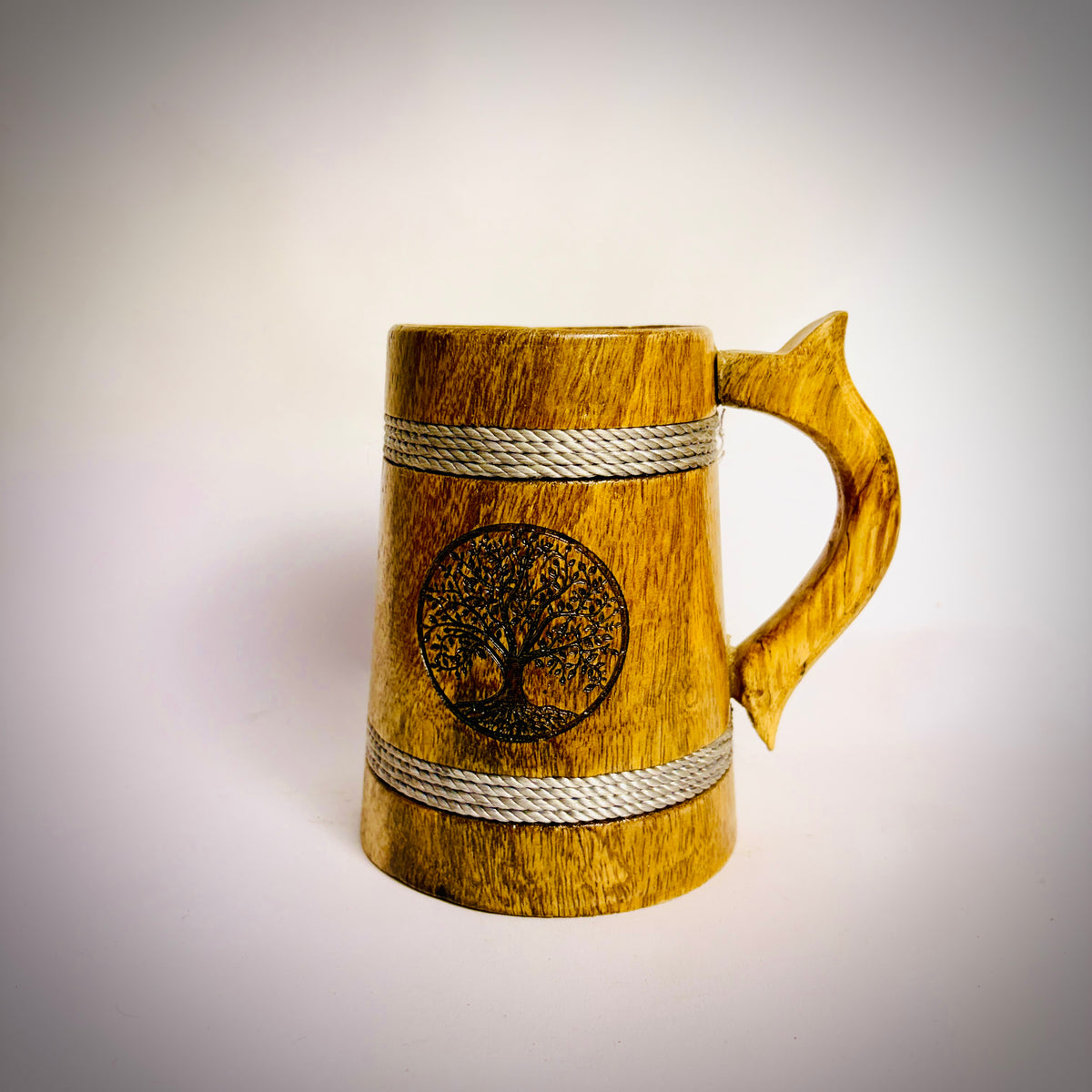Nature's Sip Mug: Artisan-Carved Oak Wood Tankard with Tree of Life