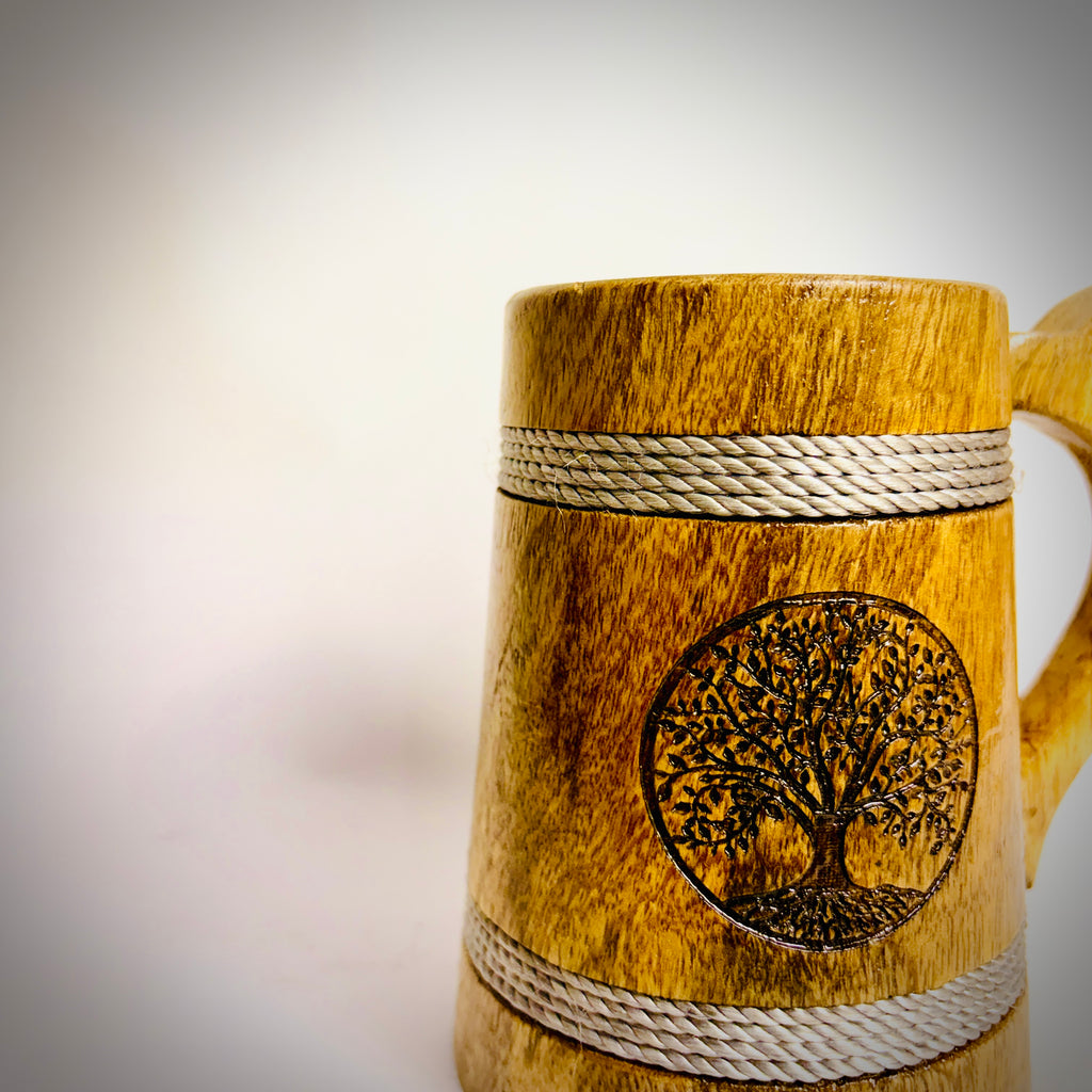 Nature's Sip Mug: Artisan-Carved Oak Wood Tankard with Tree of Life