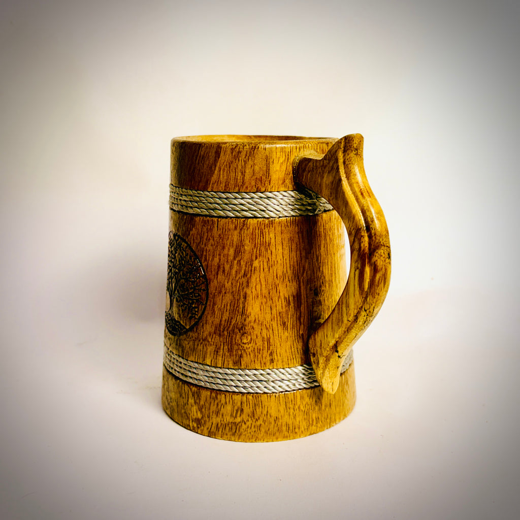 Nature's Sip Mug: Artisan-Carved Oak Wood Tankard with Tree of Life